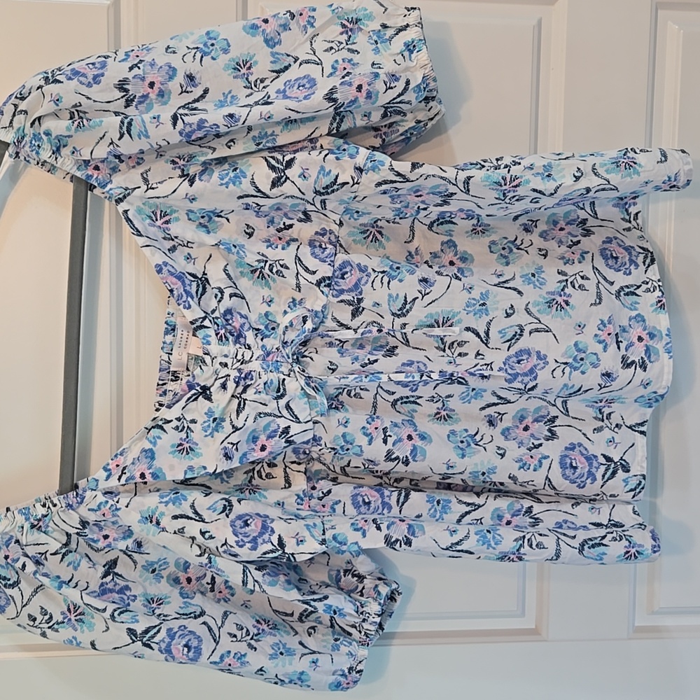 LC Lauren Conrad Women's L Peasant Blouse Sweetheart White Blue Floral Puff